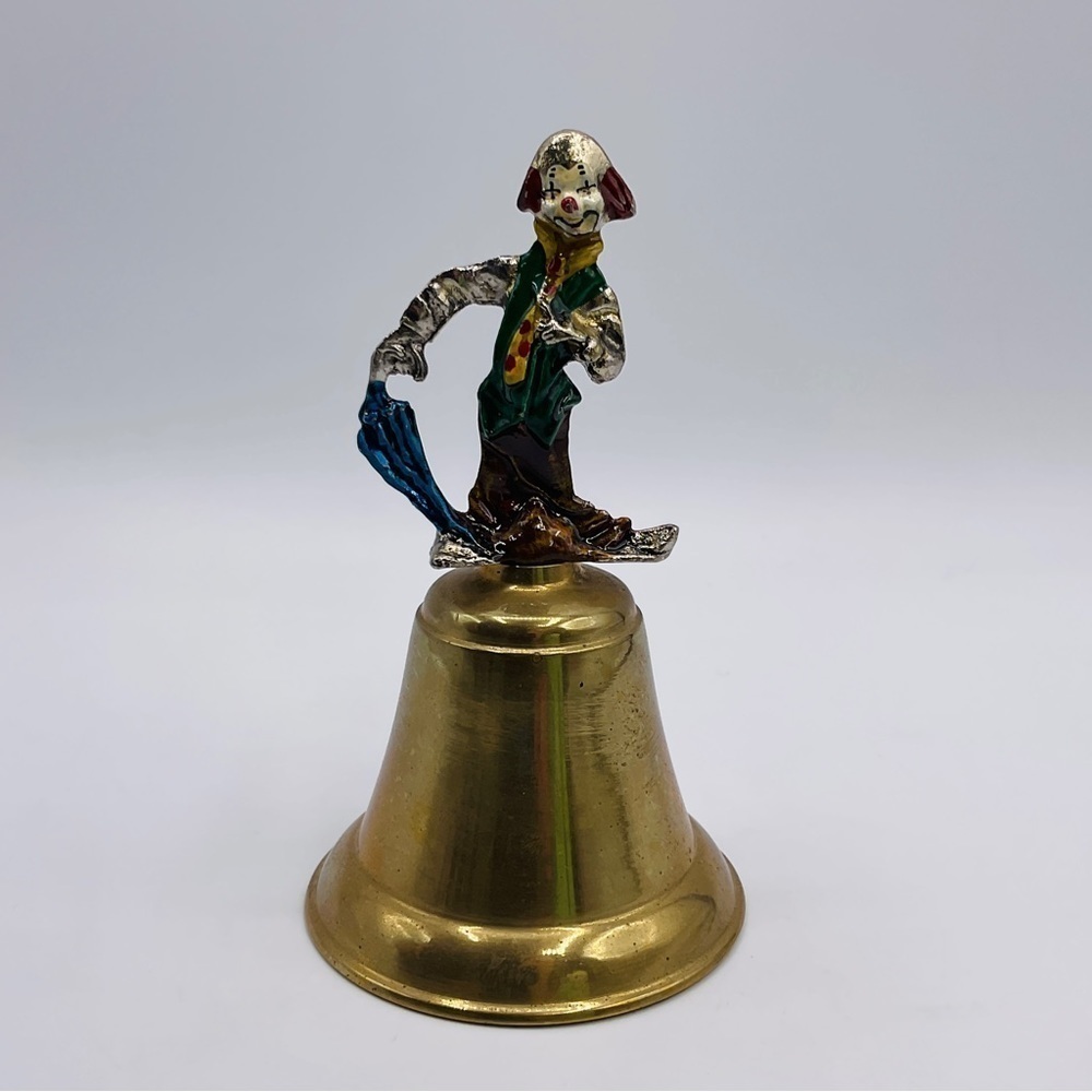 VTG Clown Brass Hand Bell Handle Happy Holding Umbrella Enamel Circus Decor 4”